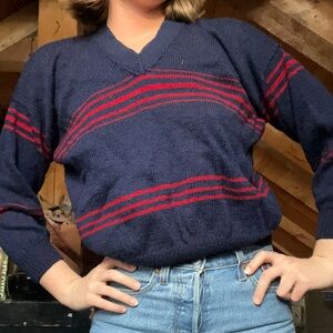Navy and Red Striped woman’s v neck sweater